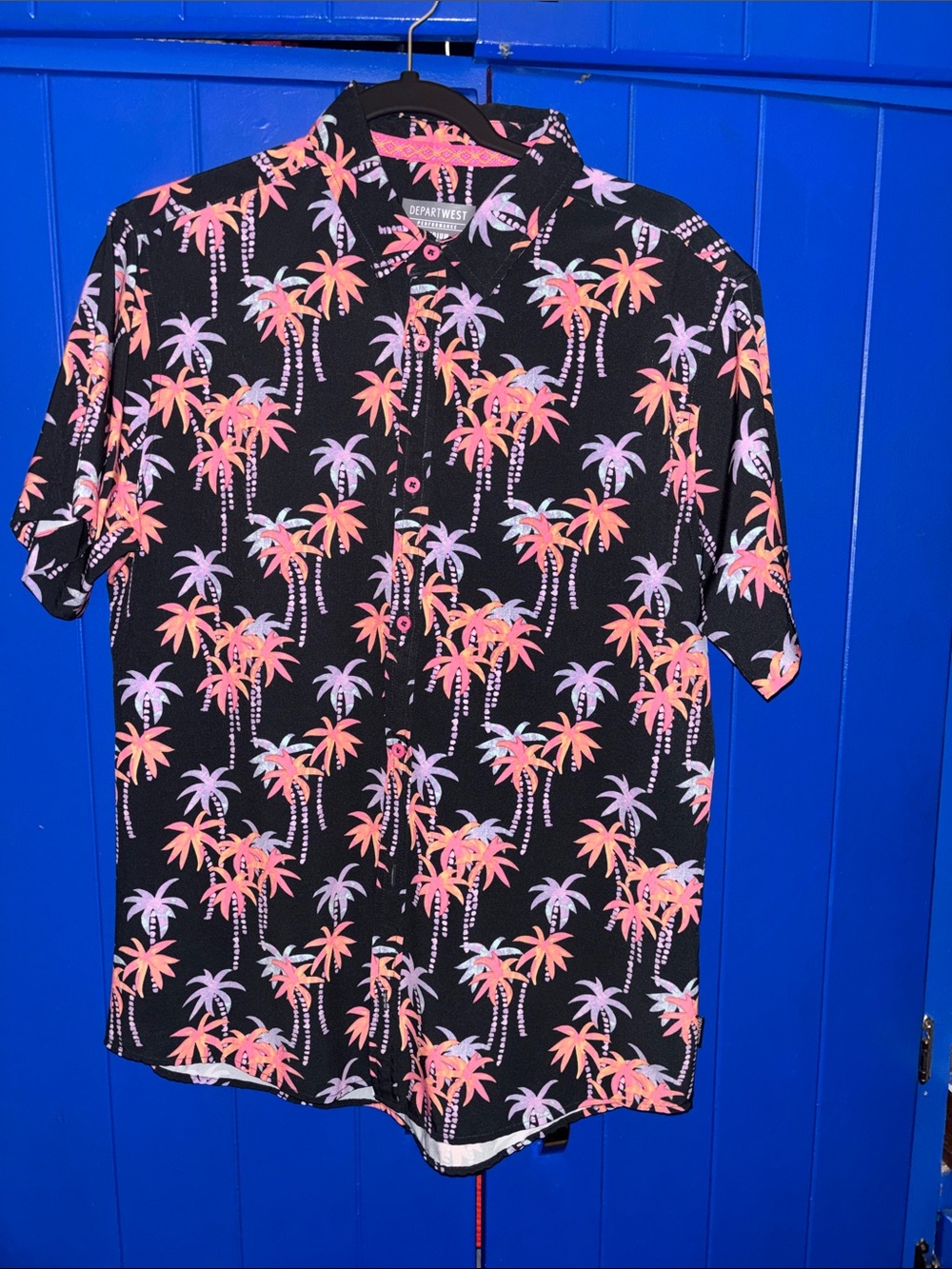 Depart West men’s- Short-Sleeve Palm Print Shirt - Pink/Peach
